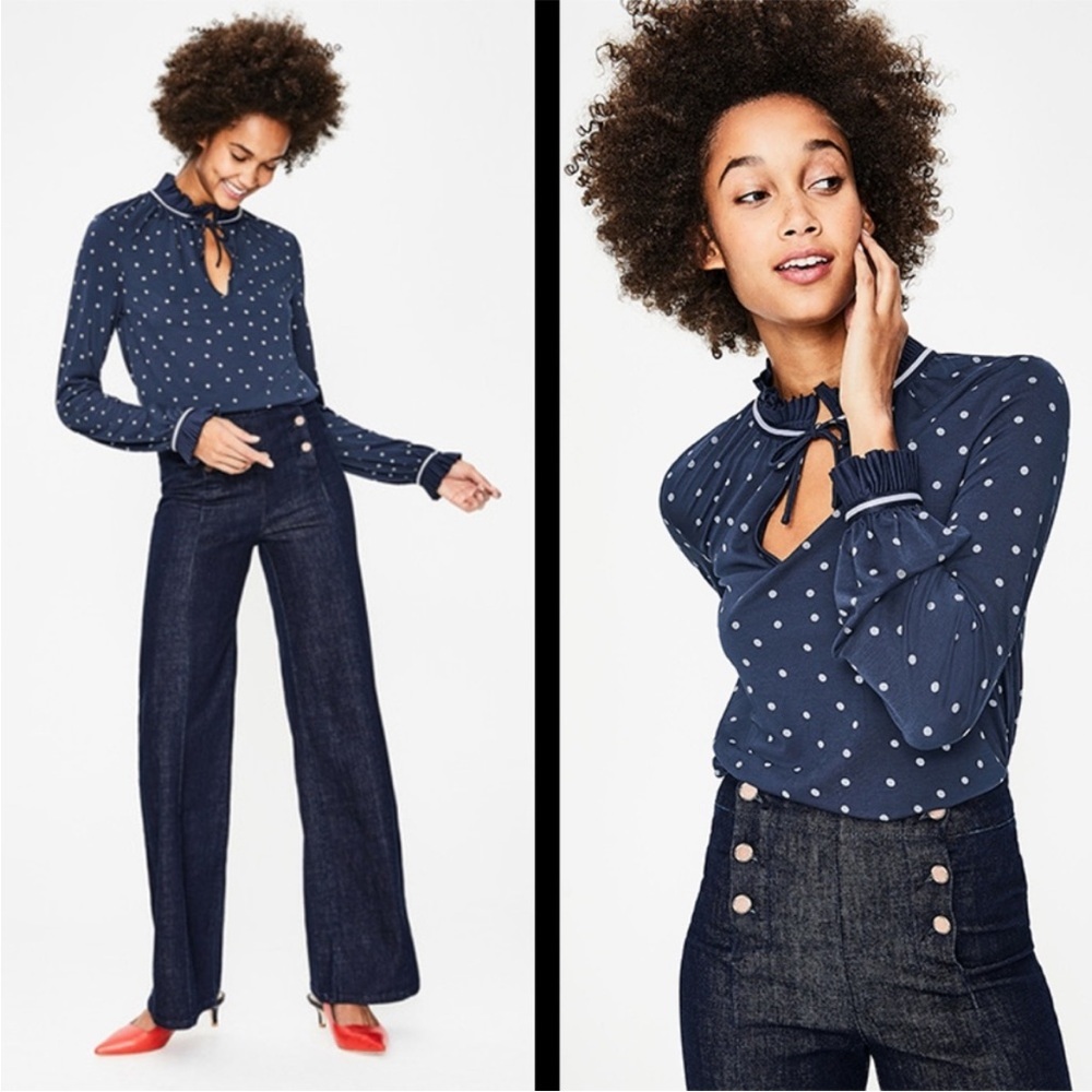 Boden Bronwyn Navy Blue Polka Dot Tie Neck Long Balloon Sleeve Top US 8